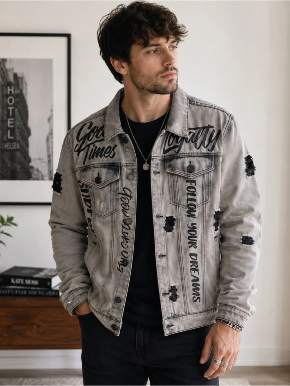 Victorious Gray Distressed Graphic Denim Jacket NWT Men’s Medium